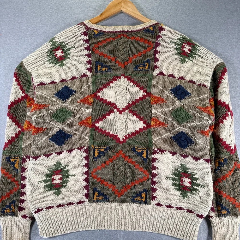 Vintage Boston Traders Hand Knit Cotton‎ Sweater Mens Medium Aztec Pattern
